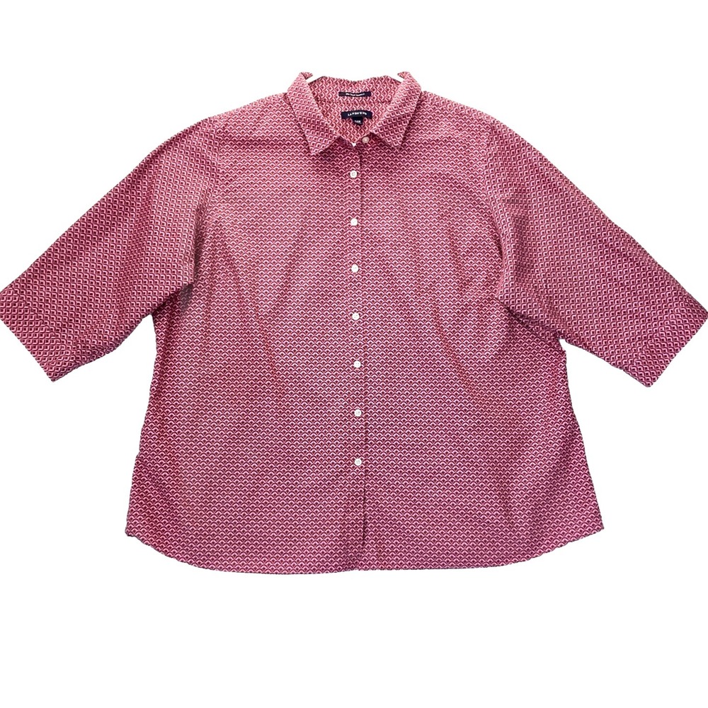 Lands End No Iron Supima Pink Print Button Up Casual Top Women 24w 24 Plus XXL